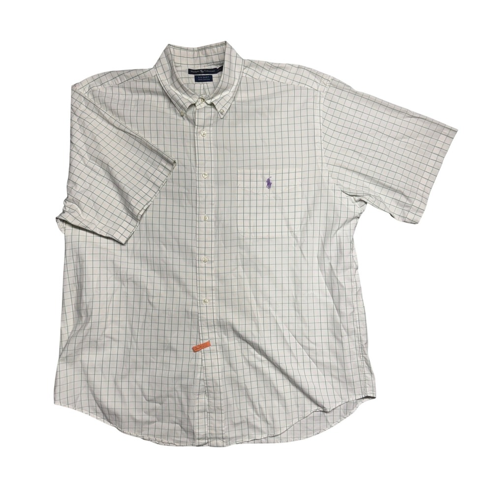 Ralph Lauren Big Shirt Mens Large White Green Windowpane Check Short Sleeve Logo